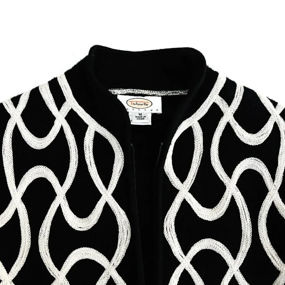 TALBOTS Black Zip Up Sweater Jacket with White Sartouche Braid - Size PM - Picture 12 of 14